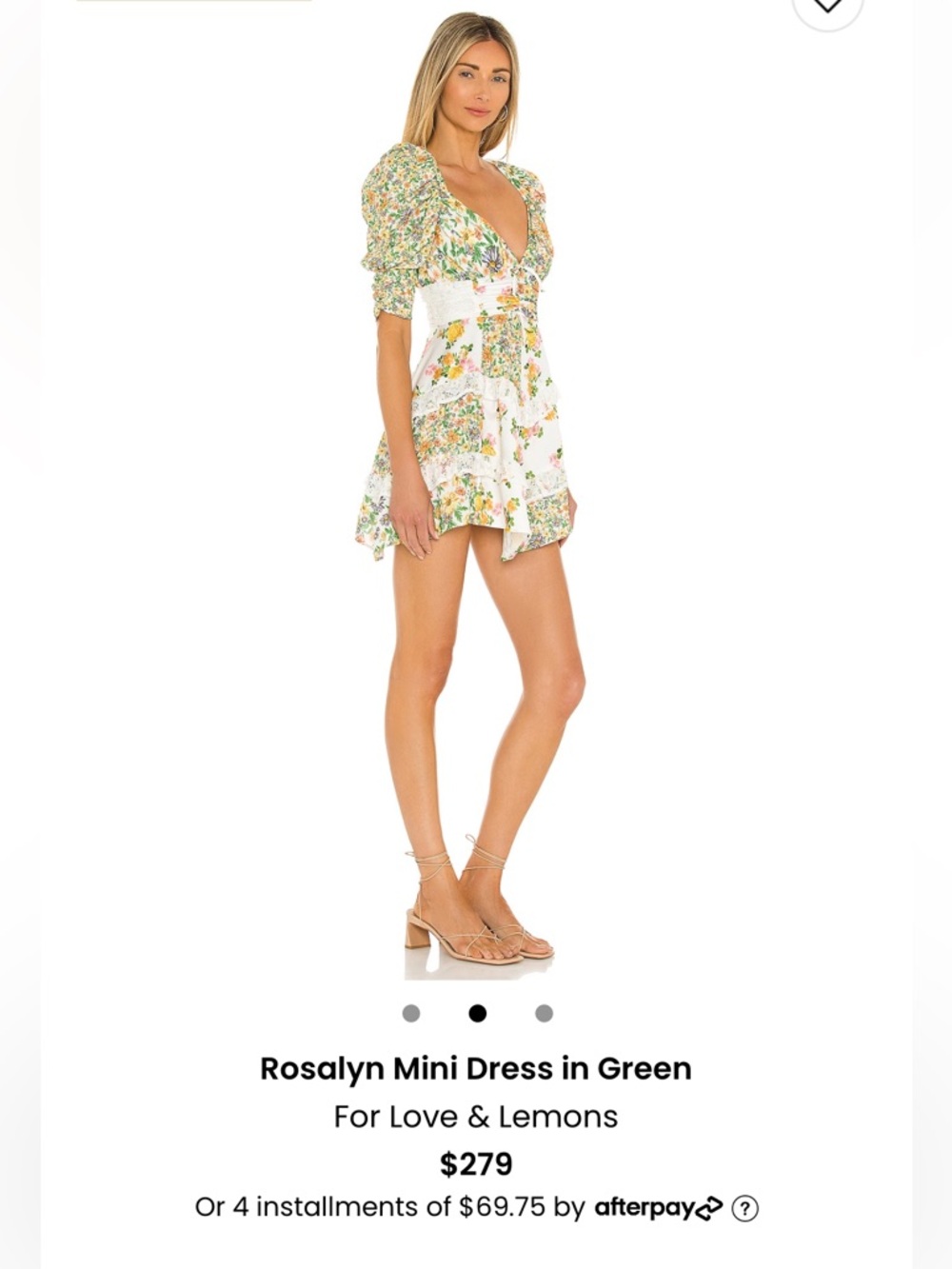 For Love & Lemons Rosalyn Mini Dress in Green and Pink Floral Accents